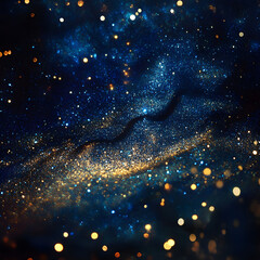Abstract background with golden glitter particles, dark blue bokeh, soft light, and glowing sparks, creating a festive, elegant, and magical atmosphere. Perfect for digital backdrop, wallpaper, or