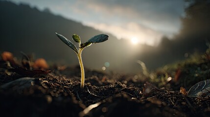 Young Mustard cress tree growing in the fog