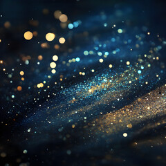Abstract background with golden glitter particles, dark blue bokeh, soft light, and glowing sparks, creating a festive, elegant, and magical atmosphere. Perfect for digital backdrop, wallpaper, or