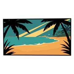 Obraz premium Retro-style vector art of a serene tropical beach with calm ocean waves, golden sand, and silhouetted palm trees under a dramatic, sun-streaked sky. Perfect for travel and vacation themes
