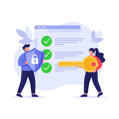 Cybersecurity concept with people holding shield and key.