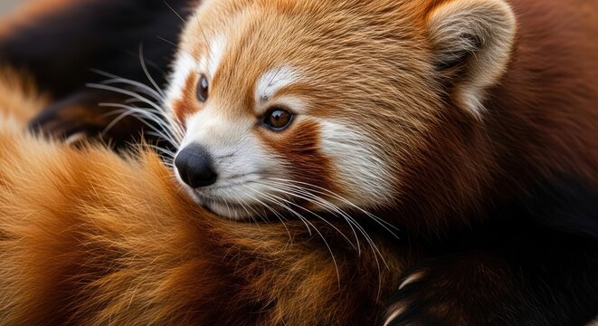 Portrait of a red panda resting on its tail, with soft fur