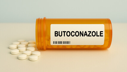 Box of BUTOCONAZOLE tablets on a hospital pharmacy table used to treat vaginal yeast infections an...