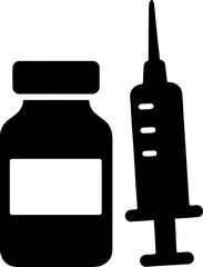 Vaccine Bottle and Injection Icon - Medical Treatment Silhouette vector with white background 