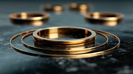 Elegant gold wedding bands shimmer on a reflective surface, promising a lifetime of love and commitment, perfect for jewelry ads and romantic occasions