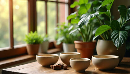 Still life of indoor plants and bowls on a wooden table near a window, with natural light streaming in. It evokes a sense of tranquility, coziness, and a connection to nature indoors