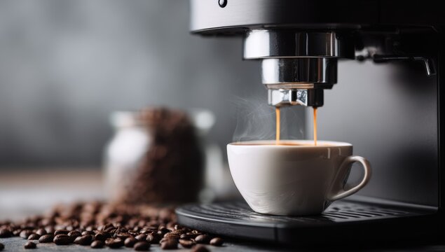 Espresso machine pouring coffee into a white cup (1)