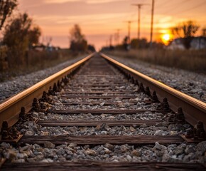 Fototapeta premium AI-generated illustration of a railway track stretches into the distance at sunset