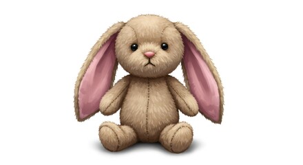 A digitally rendered illustration of a small, stuffed bunny toy, presented against a plain white background, exuding a sense of gentle sadness.