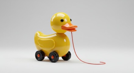 A bright yellow toy duck with wheels and a red string is presented against a plain white background.