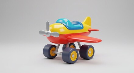A colorful toy airplane, rendered in vibrant yellow, red, and blue hues, sits on large wheels against a neutral backdrop.