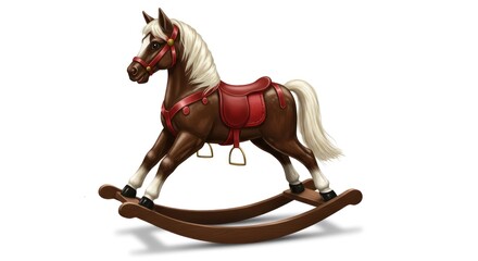 A detailed illustration of a charming wooden rocking horse with a rich brown coat and white mane and tail, resting against a pure white background.
