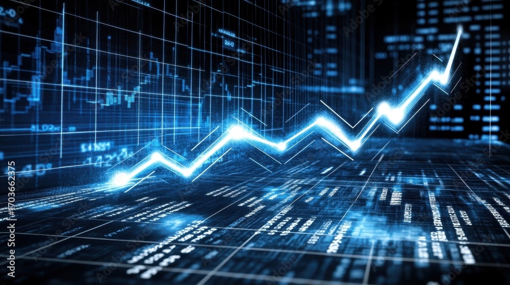Wall mural high-tech graph display with ascending trend lines, data points, and virtual grid background in blue