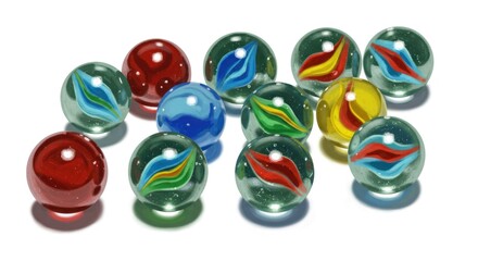 A close-up view of colorful glass marbles, showcasing vibrant swirling patterns and reflecting light.