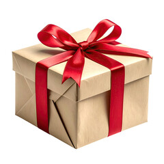 Obraz premium A square gift box, light beige/tan color, is wrapped with a red ribbon and bow