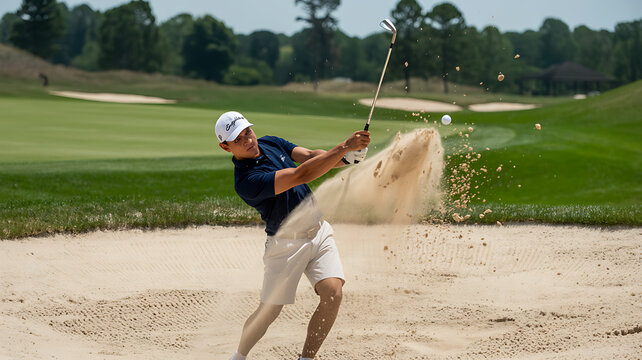 Golfer in action hitting a golf ball out of a sand trap with sand flying everywhere on a sunny day golf