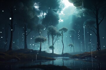A digital forest with holographic trees, surrounded by floating particles of light 