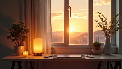 Fototapeta premium A serene workspace with a window view during golden hour. The scene features a desk with a laptop, a lamp, potted plants, and a candle, bathed in warm sunlight