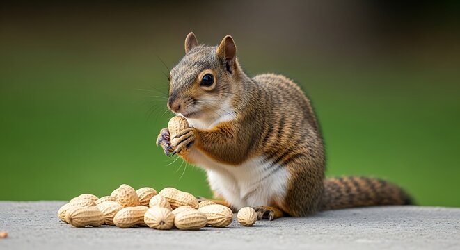 Squirrel enjoying peanuts on a wooden surface, nature background.