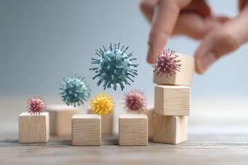 Hand placing blocks, virus models above