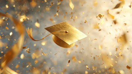 Golden graduation cap amidst confetti