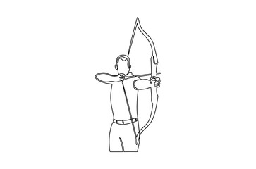 Continuous one line drawing of Man with bow and arrow. Single line drawing illustration of Young archer with arrow. Archery outdoors concept vector art. Doodle line illustration.
