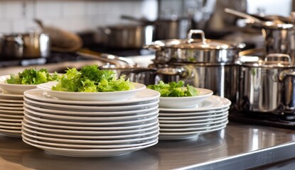 Stacked plates with salad on a stainless steel countertop in a kitchen