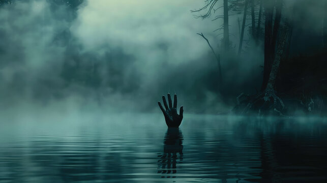 Mysterious hand emerges from foggy lake, surrounded by mist and dark trees, evoking sense of intrigue and eeriness