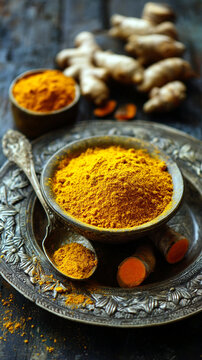 Curcumin Turmeric Powder and Root on White Background