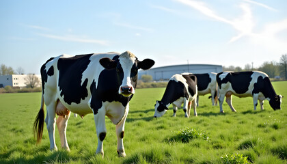 Cows grazing peacefully in a lush green pasture under a clear blue sky.