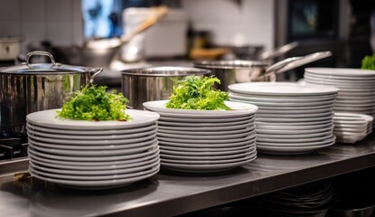 Stacks of clean white plates in a commercial kitchen.  Fresh greens atop