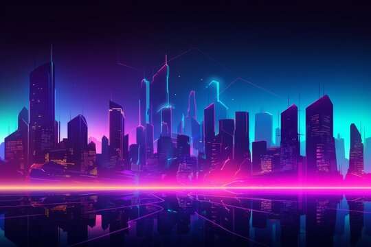 A futuristic city skyline, glowing with neon lights and holographic billboards  - Powered by Adobe
