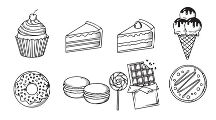 Collection of delicious dessert silhouettes including cake ice cream donut and chocolate bar silhouette