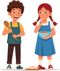Happy boy and girl cooking together, kids preparing food in kitchen, children holding wooden spoon and bowl, family cooking activity