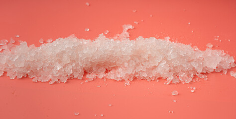 Dead sea salt pile, white crystals for body spa, sodium chloride similar to crushed ice, spa scrub