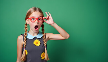 Surprised girl with red glasses and pigtails against a green background.