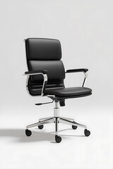 Fototapeta premium Modern black leather office chair with chrome accents. 