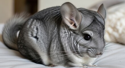 Cute chinchilla resting indoors on white bedding, close-up portrait
