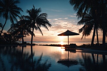 Tropical sunset over a pool