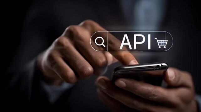 Businessperson using a smartphone with API search overlay