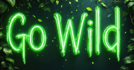 Bright neon text reads Go Wild surrounded by lush green foliage. Dark background enhances glowing effect, creating vibrant scene.