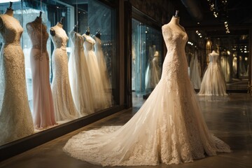 Elegant wedding gowns displayed in a shop