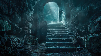 Fototapeta premium Ancient stone staircase leads to mysterious underground chamber, illuminated by soft light, evoking sense of wonder and exploration