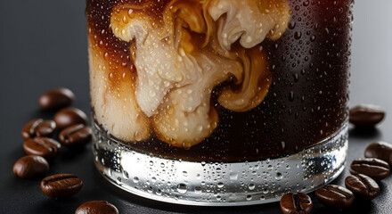 Iced coffee with swirling cream and coffee beans creating an inviting and cool beverage still life