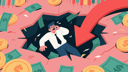 The stock market crash plunged desperate businessmen into a financial abyss. The red arrows indicate economic recession, investment losses, company bankruptcies and debts. Business vector illustration