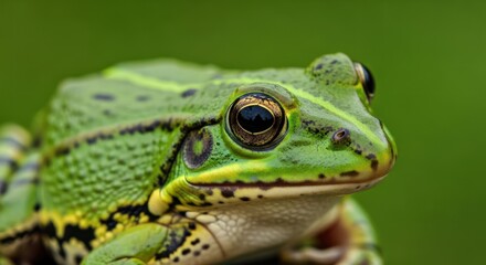 Fototapeta premium Close-up of a green frog against a green background looking right.