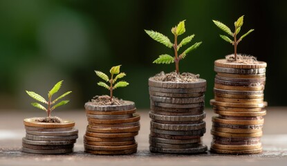 Stacks of coins with small plants growing on top