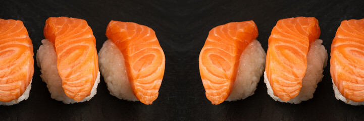 Slices of Raw Salmon Fillet on Black Background Mockup Top View