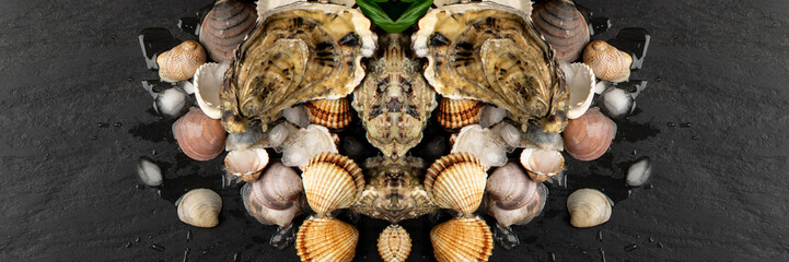 Fresh Oysters, Molluscs and Mussels in Seafood Restaurant