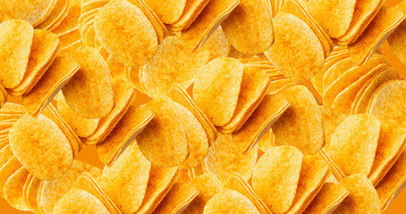 Potato chips stack pattern. Crispy thin potato snack wallpaper, fast food snacks texture
